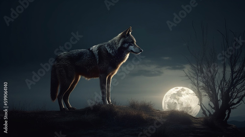 Wolf in the forest at night with full moon. generative ai © S...
