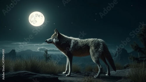 Wolf in the forest at night with full moon. generative ai © S...