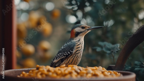 Little bird on the feeder in the autumn forest.generative ai
