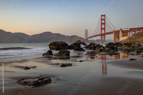 Golden Gate Bridge and Baker Beach Rocks at Sunset