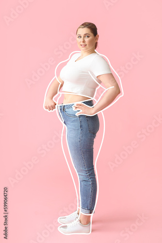 Happy young woman after weight loss on pink background