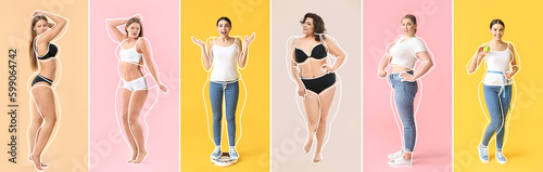 Set of beautiful young women after weight loss on colorful background