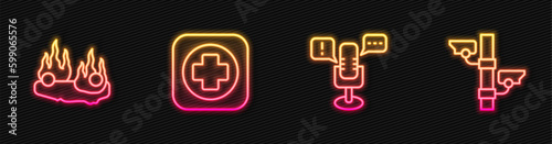 Set line Freedom of speech, Burning car, Hospital signboard and Security camera. Glowing neon icon. Vector