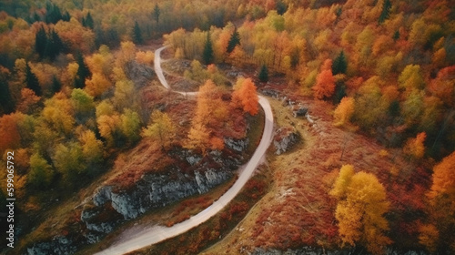 Aerial view of winding road in autumn forest.generative ai © S...