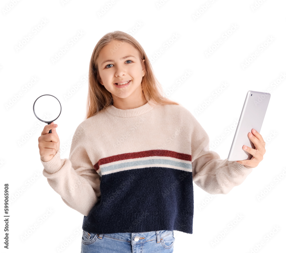 Little girl with magnifier and tablet computer on white background Little girl with magnifier and tablet computer on white background