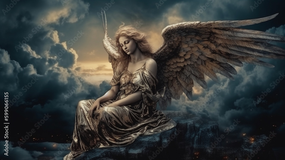 Angel woman with wings on dark stormy sky background.generative ai Angel woman with wings on dark stormy sky background.generative ai