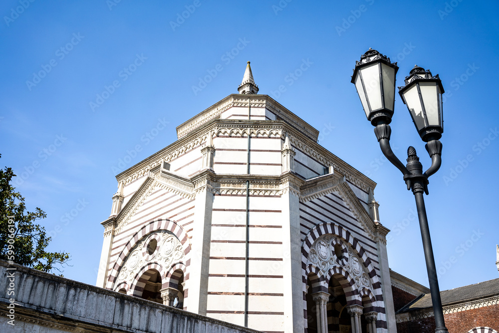 Detail of a chapel in the east side of the Monumental Cemetery of Milan, Lombardy region, Italy, where many notable people are buried.