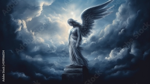 Angel woman with wings on dark stormy sky background.generative ai