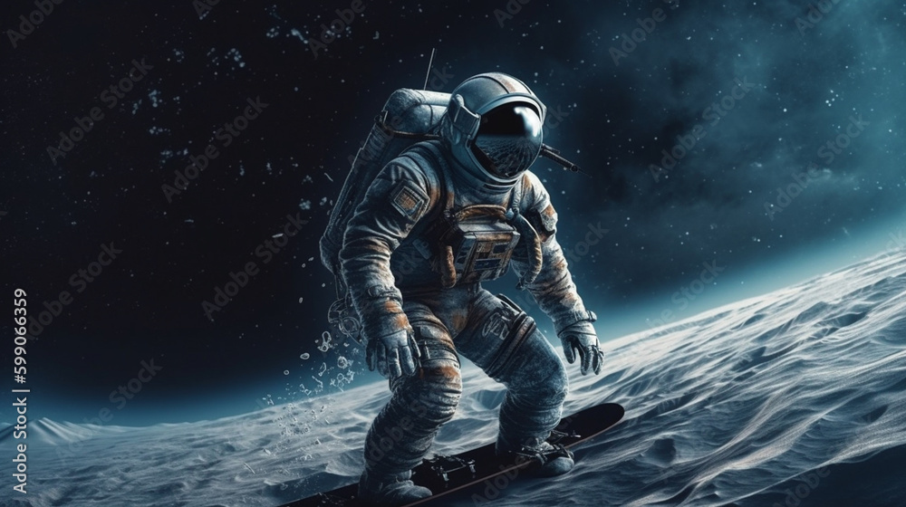 Astronaut in space suit and helmet on snowboard. generative ai