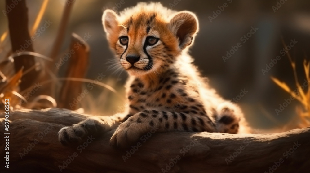 Cheetah cub sits on a log in the sunset light.generative ai Cheetah cub sits on a log in the sunset light.generative ai