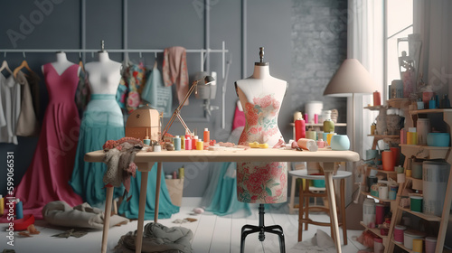 Bright atelier studio closeup with various sewing items. Generative Ai