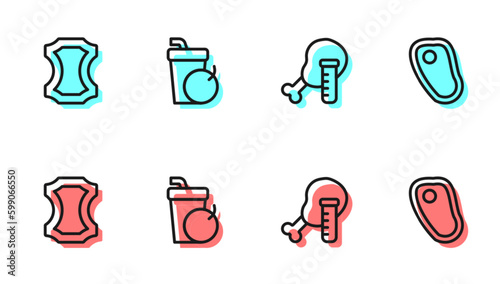 Set line Genetically modified chicken, Leather, Fresh smoothie and Steak meat icon. Vector