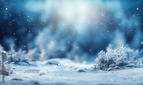Cold winter background, blurred snowflakes, snow at bottom, small shrubs sides. Christmas season background mockup for product placement. Generative AI © Lubo Ivanko
