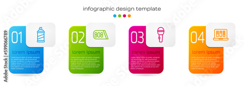 Set line Paint spray can, Drum machine music, Microphone and Sound or audio recorder. Business infographic template. Vector