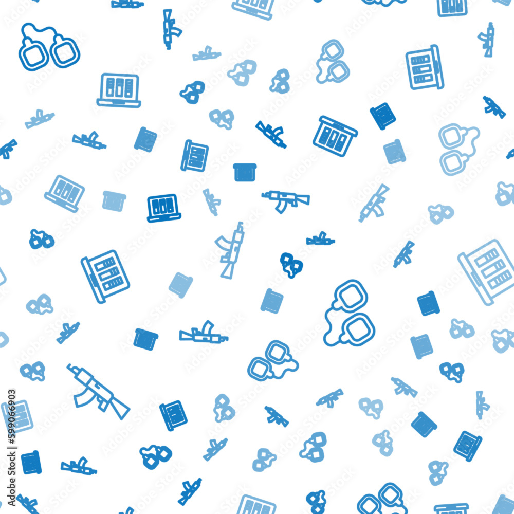 Set line Submachine gun, Handcuffs and Sound or audio recorder on seamless pattern. Vector Set line Submachine gun, Handcuffs and Sound or audio recorder on seamless pattern. Vector