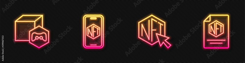 Set line NFT Digital crypto art, Mobile with store app and contract. Glowing neon icon. Vector