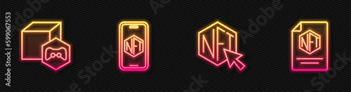Set line NFT Digital crypto art, Mobile with store app and contract. Glowing neon icon. Vector