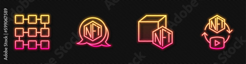 Set line NFT Digital crypto art, blockchain technology, and . Glowing neon icon. Vector