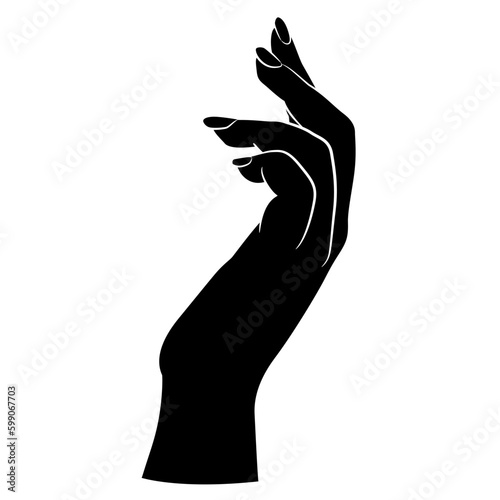Raised up female hand in elegant gesture. Black and white negative silhouette.