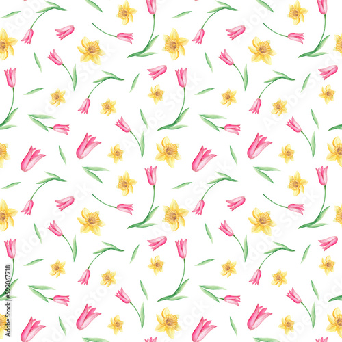 Seamless watercolor pattern with narcissus and tulips on white background. Can be used for fabric prints, gift wrapping paper, kitchen textile.