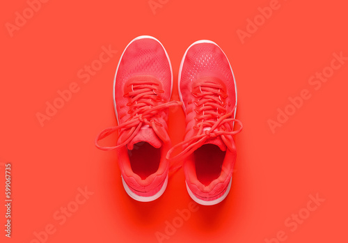 Pair of stylish female sneakers on color background