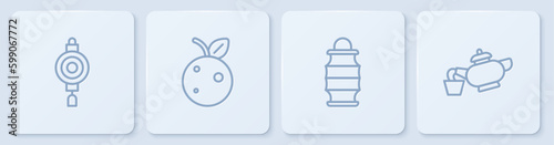 Set line Chinese paper lantern, Peach fruit or nectarine and tea ceremony. White square button. Vector