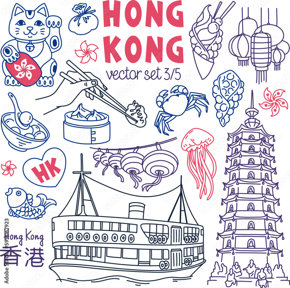 Hong Kong traditional symbols, food and landmarks drawings set. Outline