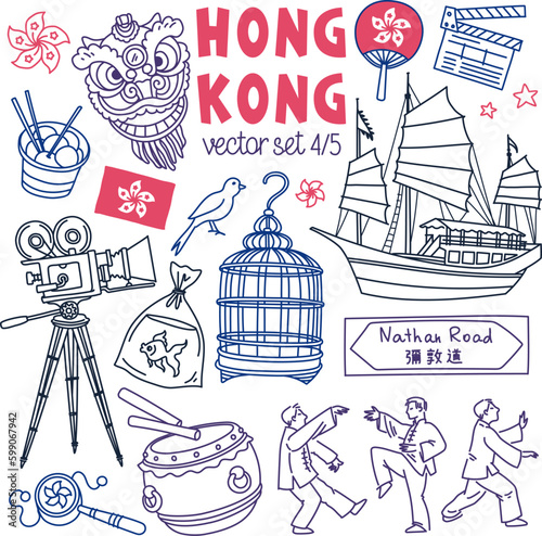 Hong Kong traditional symbols, food and landmarks drawings set. Outline stroke is not expanded, stroke weight is editable. Chinese characters translation: Nathan Road (street sign)