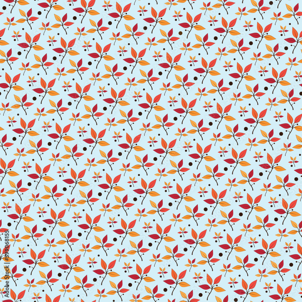 Seamless abstract floral pattern with little orange, red, and yellow leaves on a blue background. Autumn foliage colors. Graphic textile texture. Vector illustration. Seamless abstract floral pattern with little orange, red, and yellow leaves on a blue background. Autumn foliage colors. Graphic textile texture. Vector illustration.