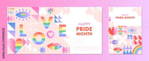 Pride month banners templates.LGBTQ  community vector illustrations in bauhaus style with geometric elements and rainbow lgbt symbols.Human rights movement concept.Gay parade.Colorful cover designs.