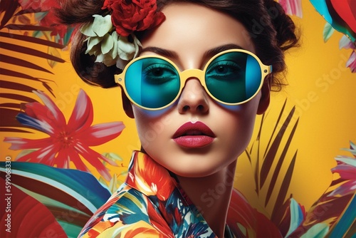 colorful magazine collage with a model in sunglasses on a bright multicolored floral background. Generative AI