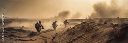 Military special forces soldiers crosses destroyed warzone through fire and smoke in the desert. AI generative