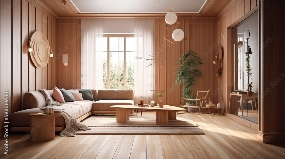 Cozy home interior, luxury living room with natural wooden furniture. Generative Ai