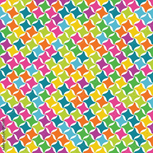 Seamless geometric pattern with multicolored wavy squares on a white background. Rainbow colors. Checkered texture. Vector illustration for textile, wrapping, print, web, and decorative projects.
