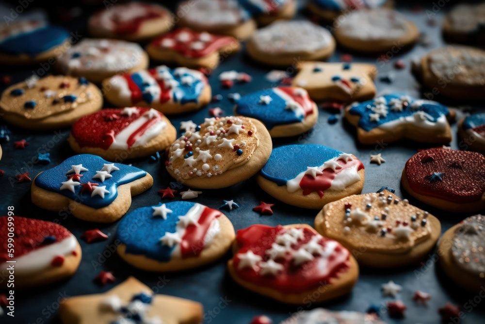 Happy USA Flag Day Homemade cookies with a pattern lies on a wooden table against the background of the American flag. Generative AI Happy USA Flag Day Homemade cookies with a pattern lies on a wooden table against the background of the American flag. Generative AI