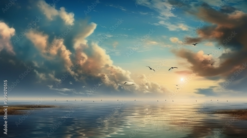 Seascape with seagulls at sunset.generative ai