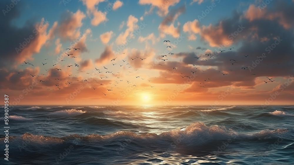 Seascape with seagulls at sunset.generative ai