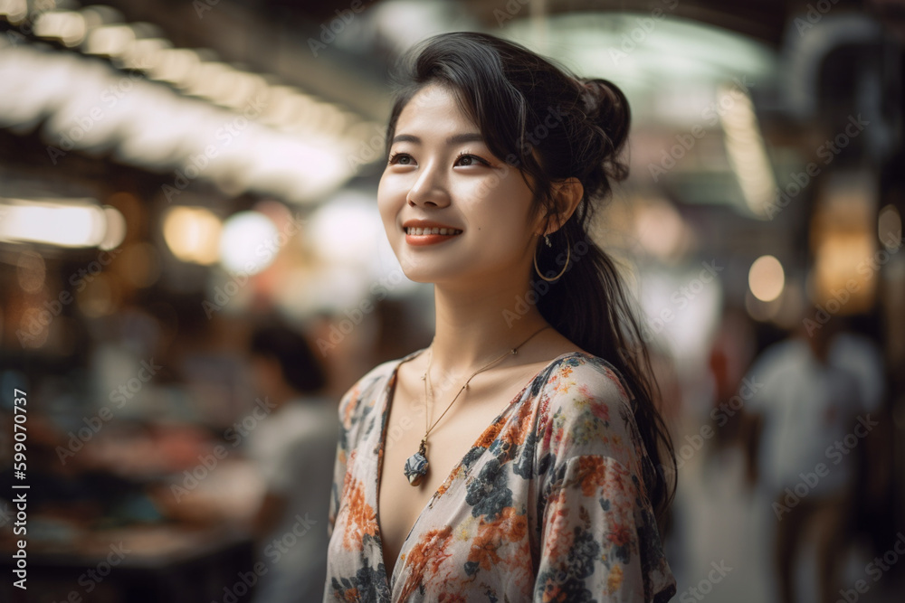 young adult woman or teenager with pretty attractive face and joyful smile in summer shirt. Generative AI young adult woman or teenager with pretty attractive face and joyful smile in summer shirt. Generative AI