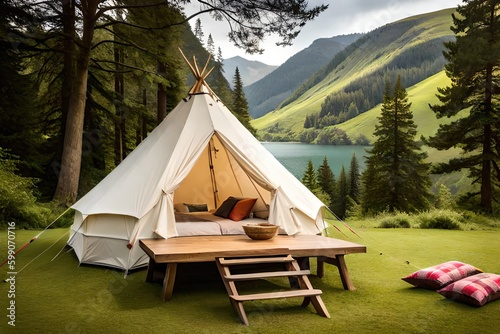 A serene glamping experience in the heart of nature. Luxury camping with all the comforts of home. Generated by AI