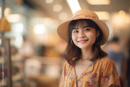 young adult woman or teenager with pretty attractive face and joyful smile in summer shirt. Generative AI