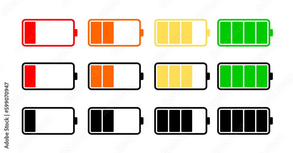 Set of battery icons. Battery indicator symbols. Battery charge level set. Set of battery icons. Battery indicator symbols. Battery charge level set.