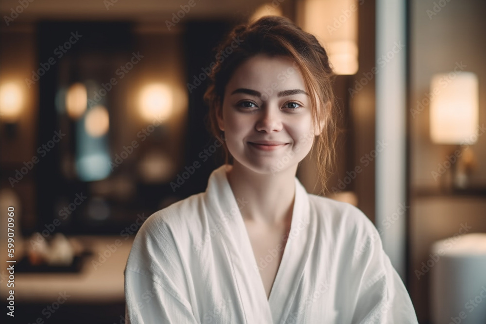 young adult woman in bathrobe in her apartment or on vacation in hotel, luxury, sunny day. Generative AI young adult woman in bathrobe in her apartment or on vacation in hotel, luxury, sunny day. Generative AI