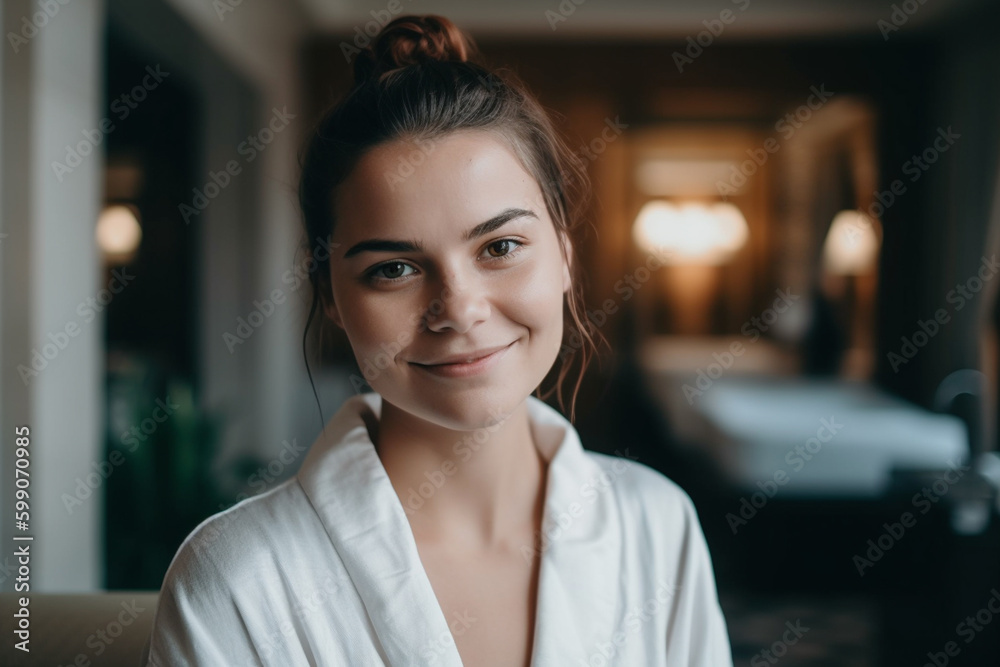 Naklejka premium young adult woman in bathrobe in her apartment or on vacation in hotel, luxury, sunny day. Generative AI