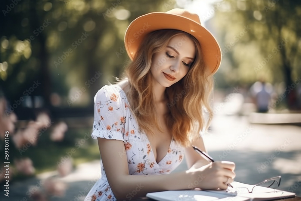 young adult beauty pretty slender summer dress woman on sunny day in park working on a white notepad , summer day. Generative AI