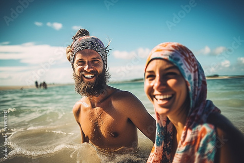 adult man and woman couple or friends together in sea in water with hot sun on head and headscarf and towel as sun protection. Generative AI © wetzkaz