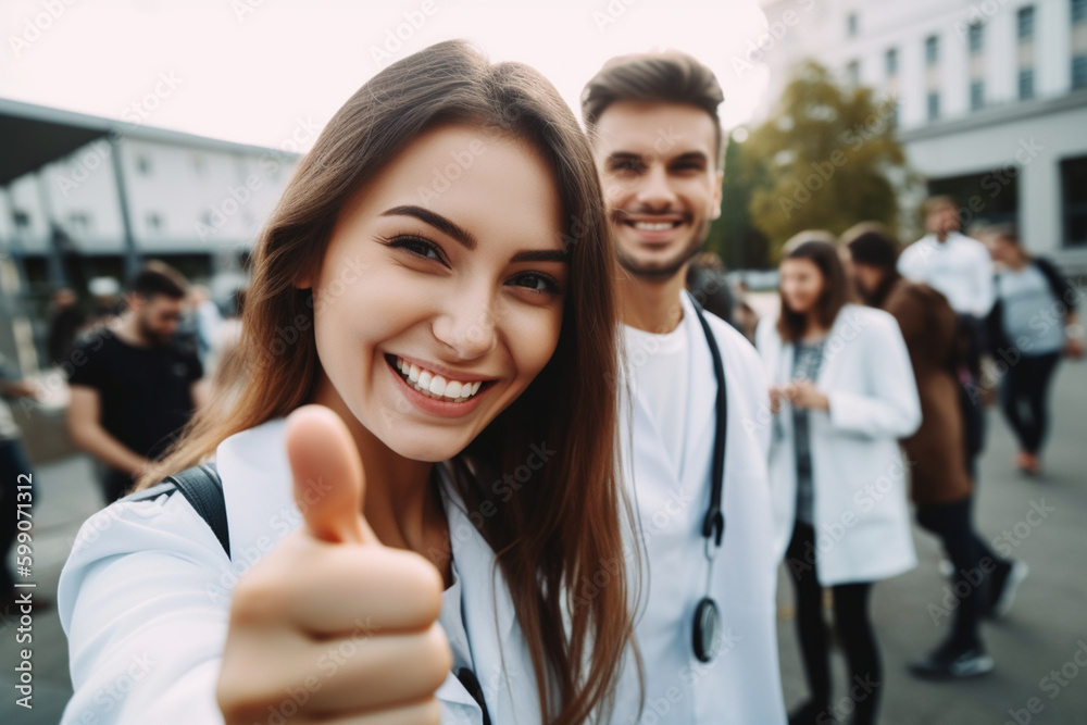 Fototapeta premium a young adult overly friendly joyful doctor with thumbs up. Generative AI