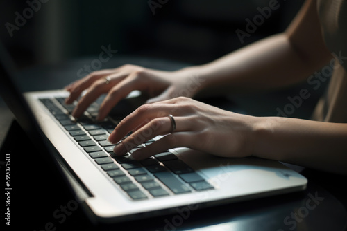 A woman typing on a laptop computer on a table created with Generative AI technology