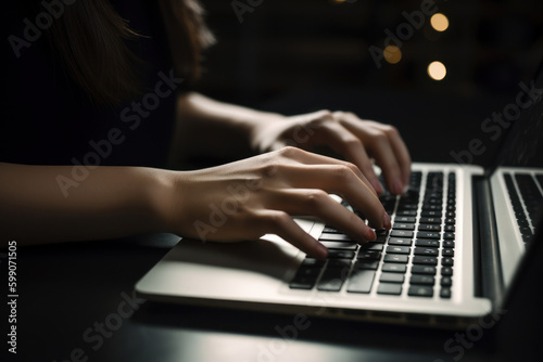 A woman typing on a laptop computer on a table created with Generative AI technology