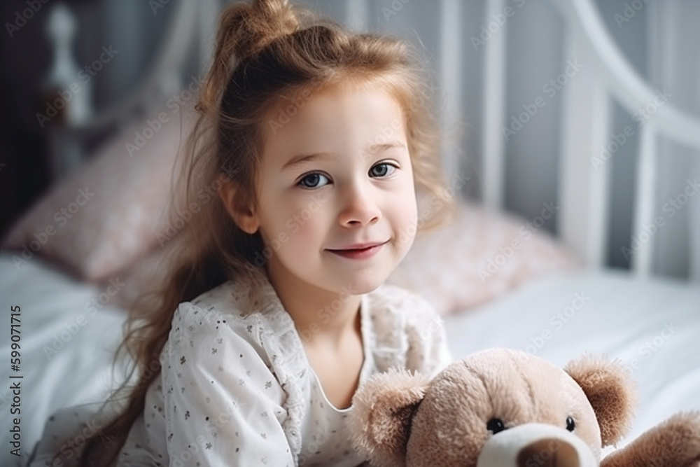 Toddler, young girl at home on her bed in the children's room with her teddy bear soft toy, in the morning or at sunset. Generative AI Toddler, young girl at home on her bed in the children's room with her teddy bear soft toy, in the morning or at sunset. Generative AI