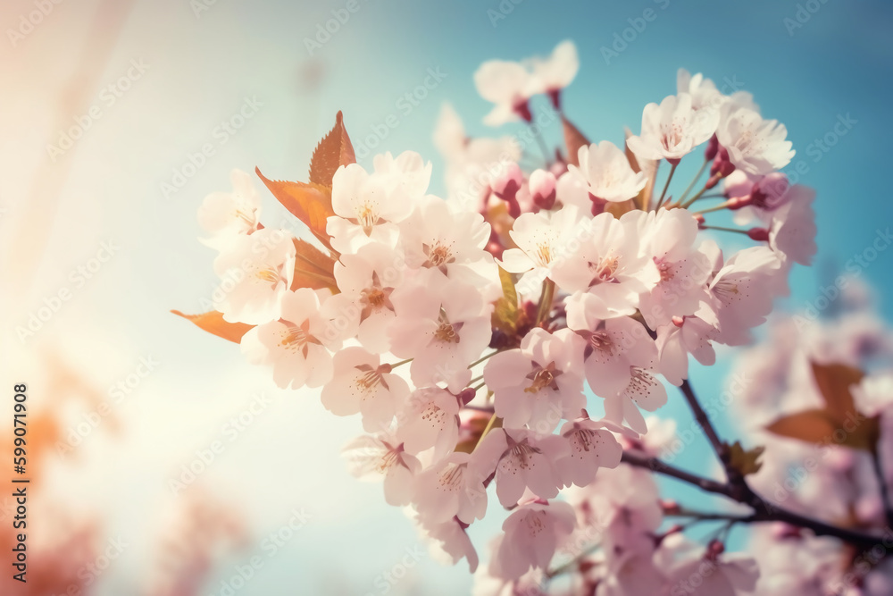 Cherry Blossom Spring Blue Sky Background. AI generative